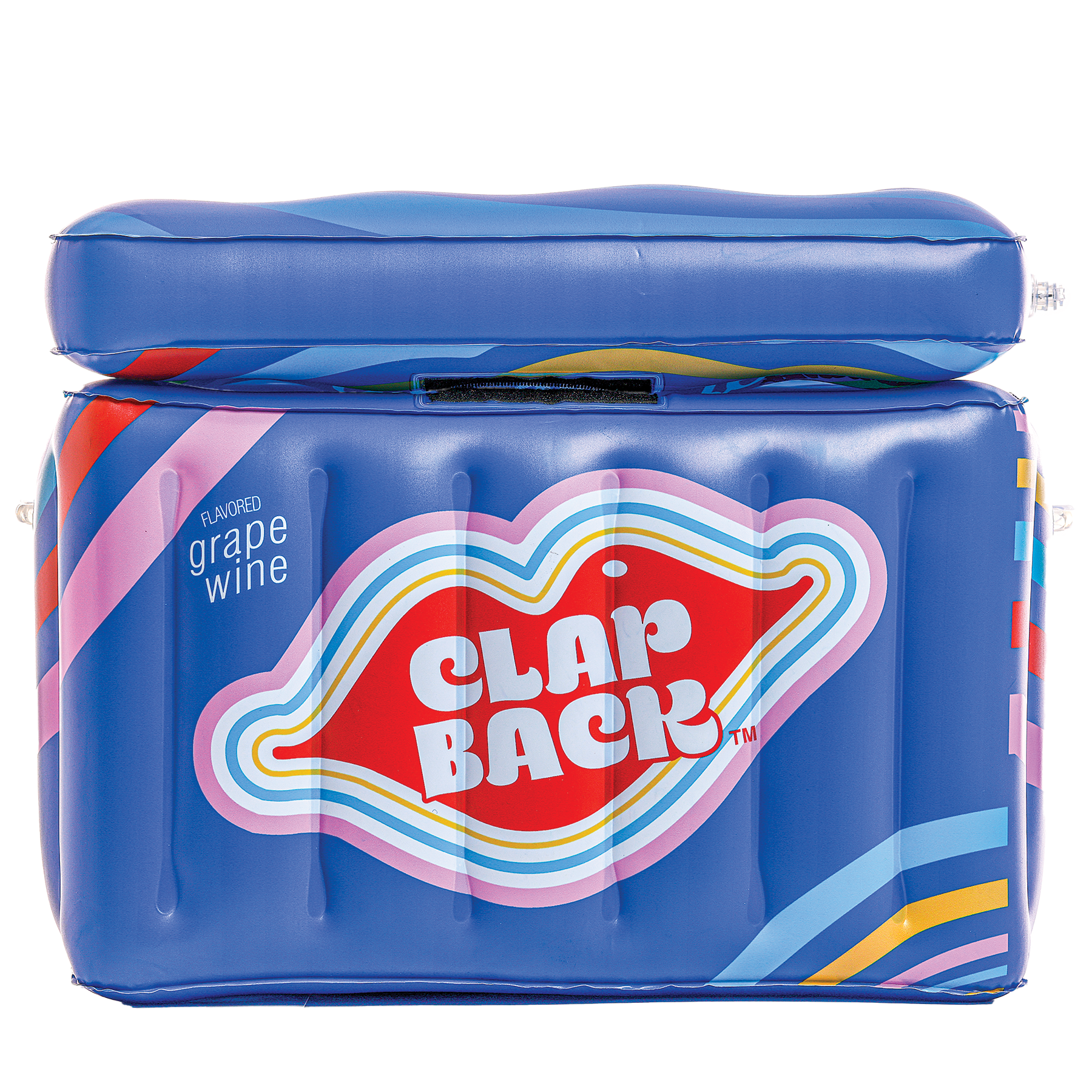 Blue inflatable cooler with 'Clap Back' design on a white background