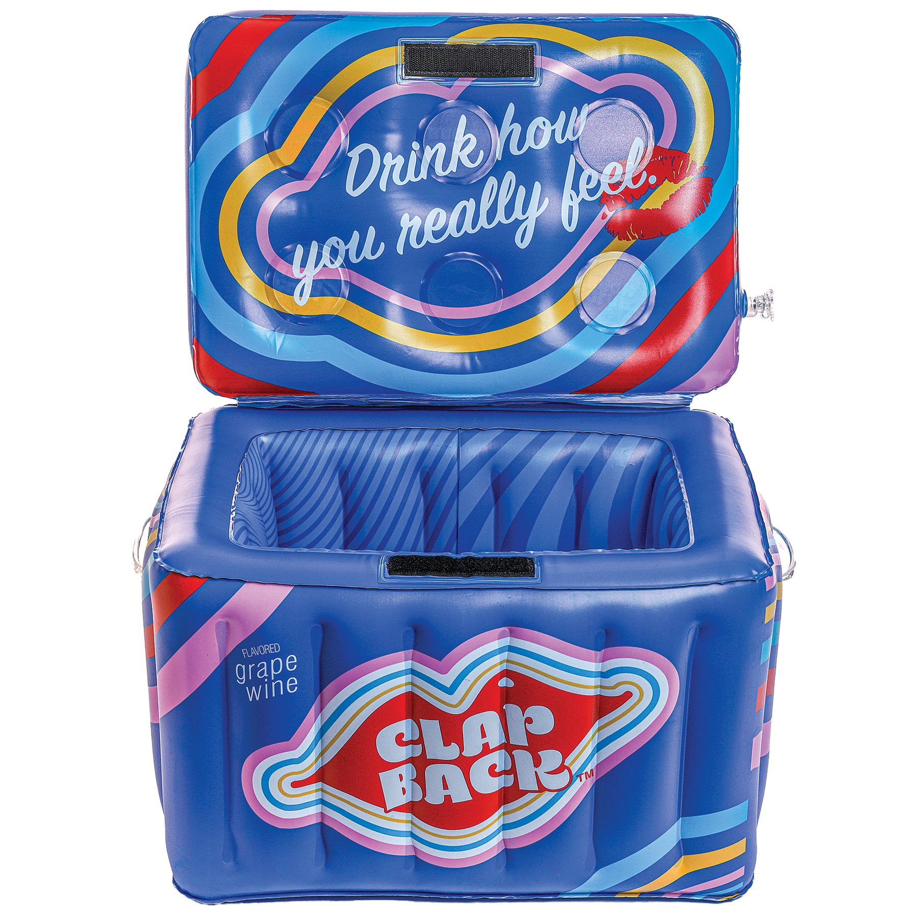 Inflatable cooler with colorful design and text on a white background