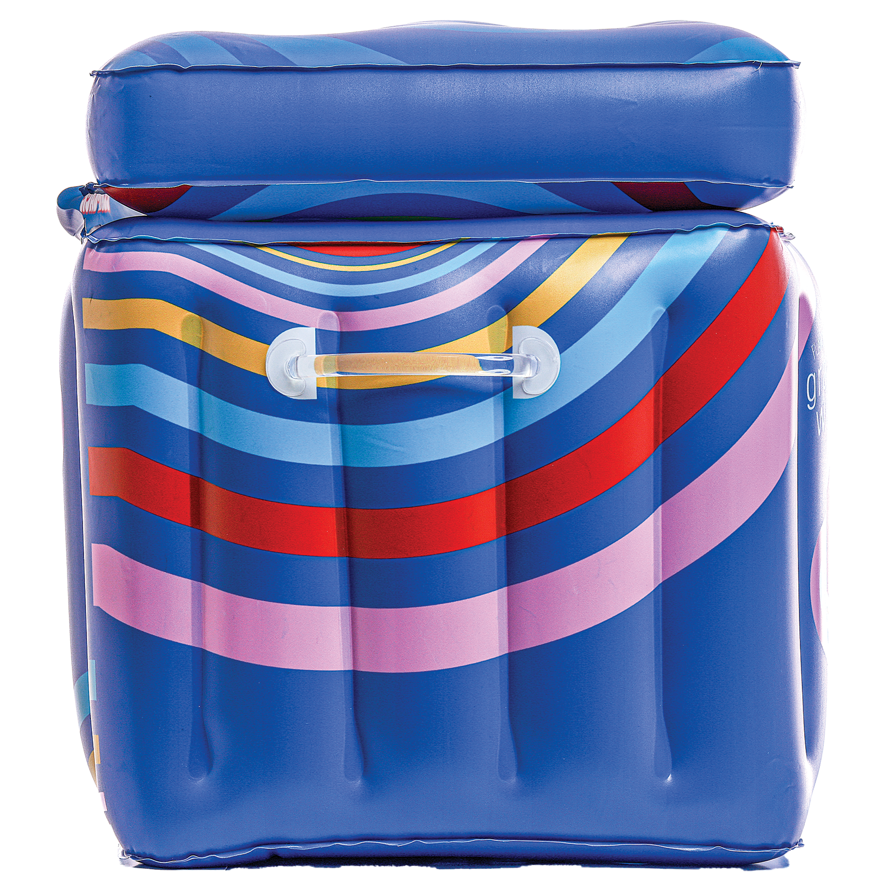 Inflatable cooler with colorful striped design on a white background