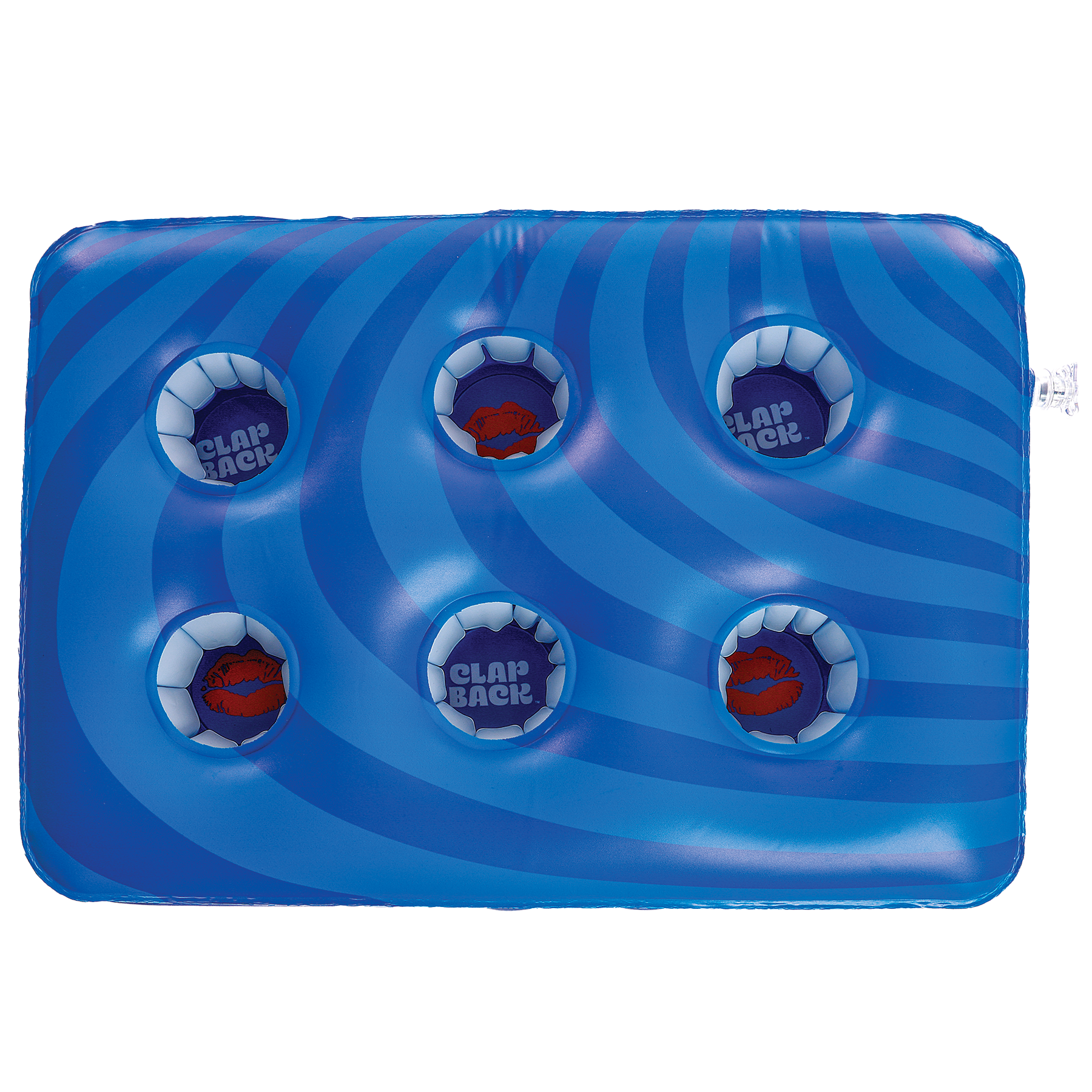 Blue inflatable mat with circular designs on a white background