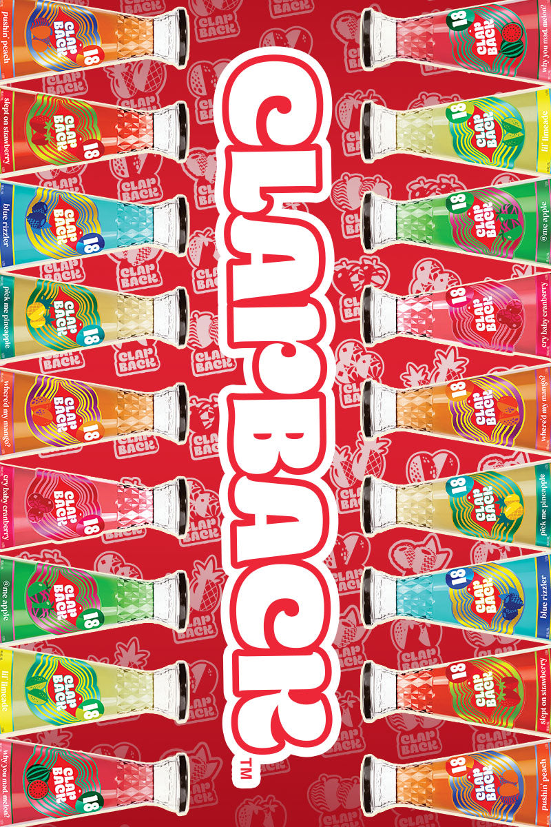 ClapBack drink flavors on a red background with the brand name in white.