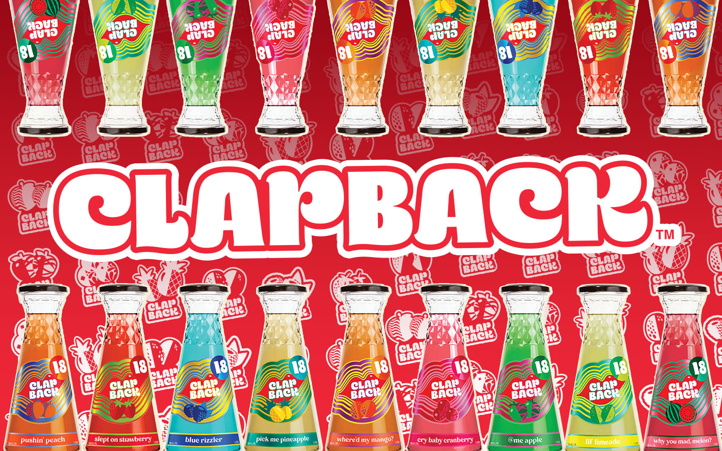 Pattern of colorful 'Clap Back' drinks with the brand name displayed on a red background.