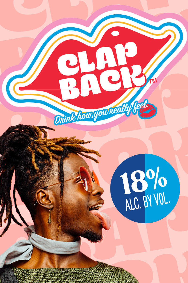 Promotional poster for ClapBack with a person and alcohol content information on a pink background