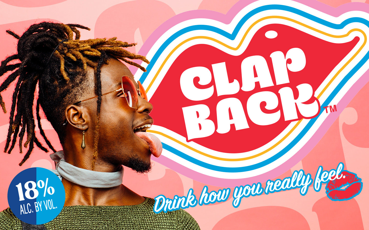 Person with dreadlocks and sunglasses on a pink background with ClapBack logo.