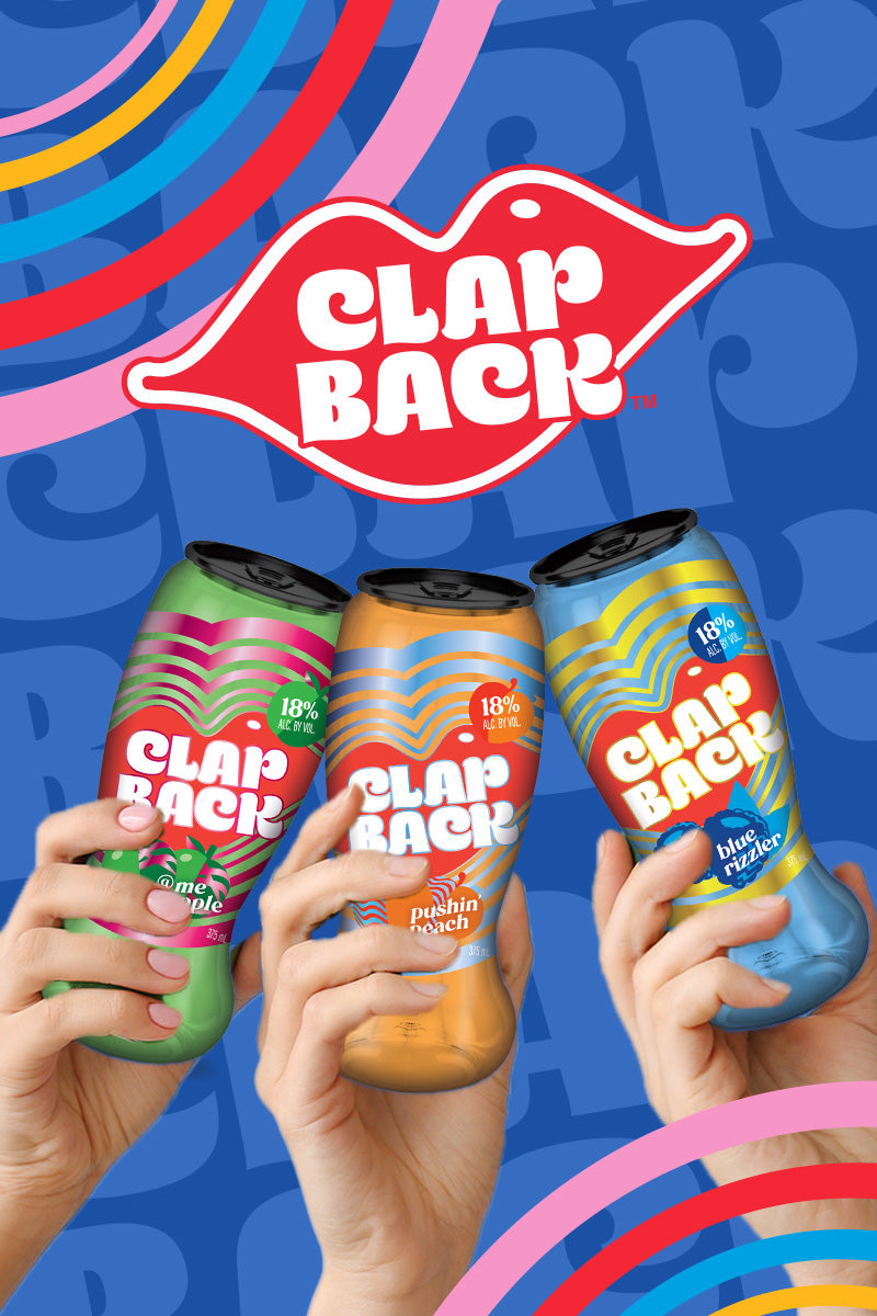 Three Clap Back drink cans held by hands against a colorful background with the brand logo.