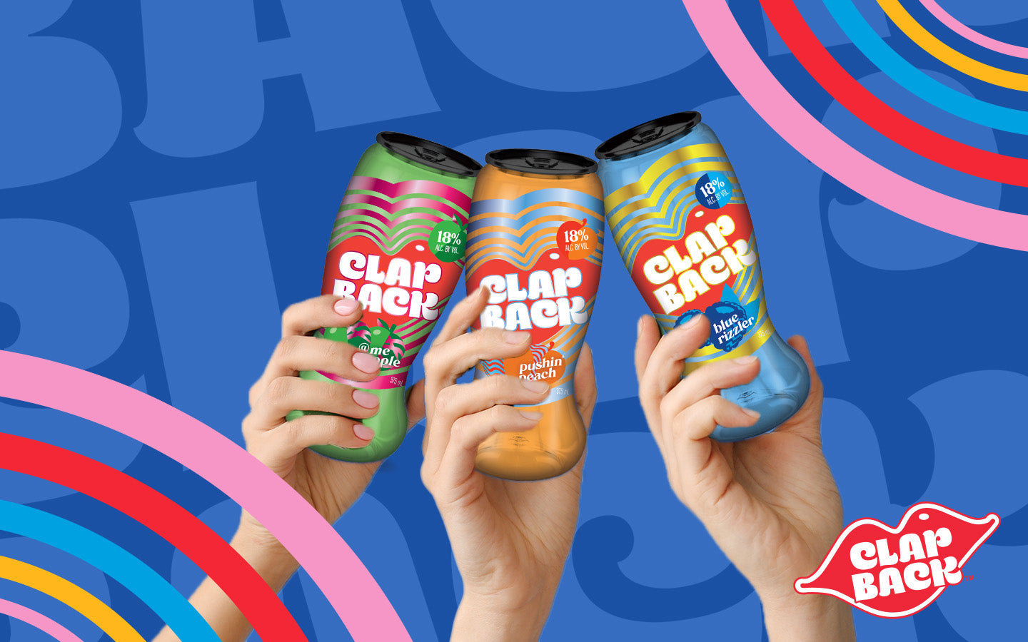 Group of friends holding up ClapBack cans featuring @ me apple, pushin' peach and blue rizzler