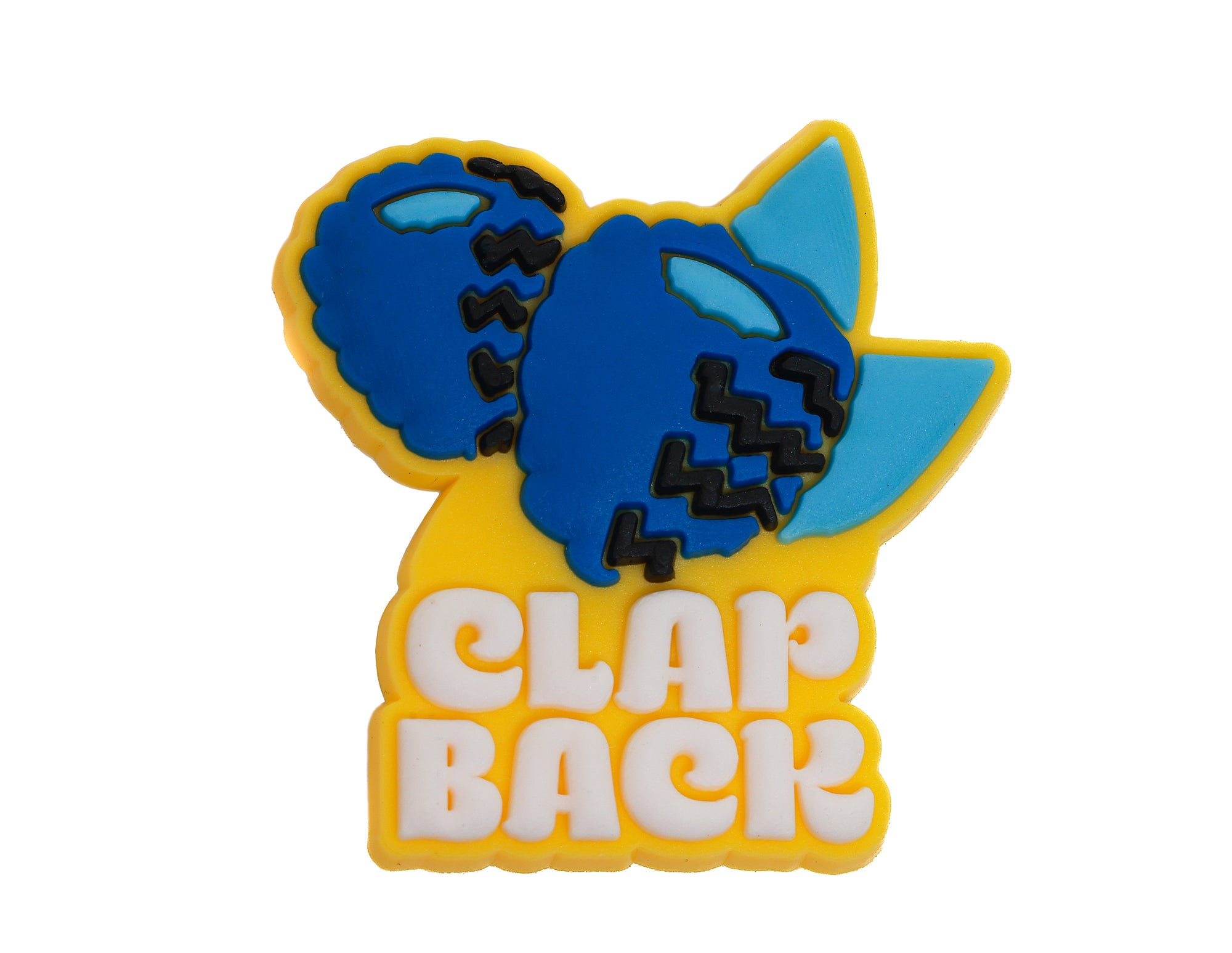 Blue and yellow character with 'Clap Back' text on a white background