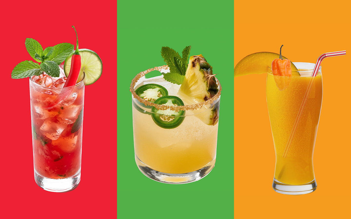 Three colorful spicy cocktails on a red, green, and orange background