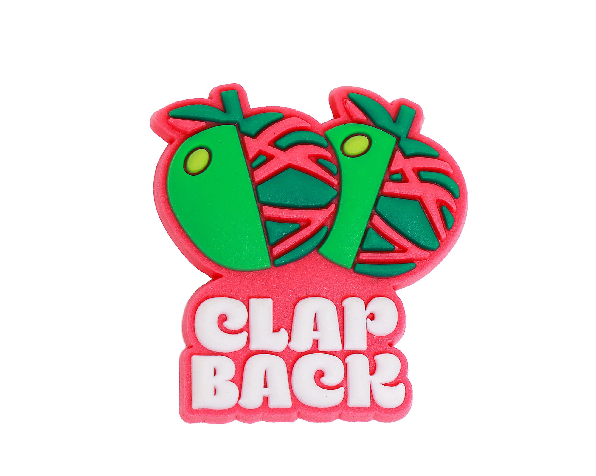 Pink and green character with 'CLAP BACK' text on a white background