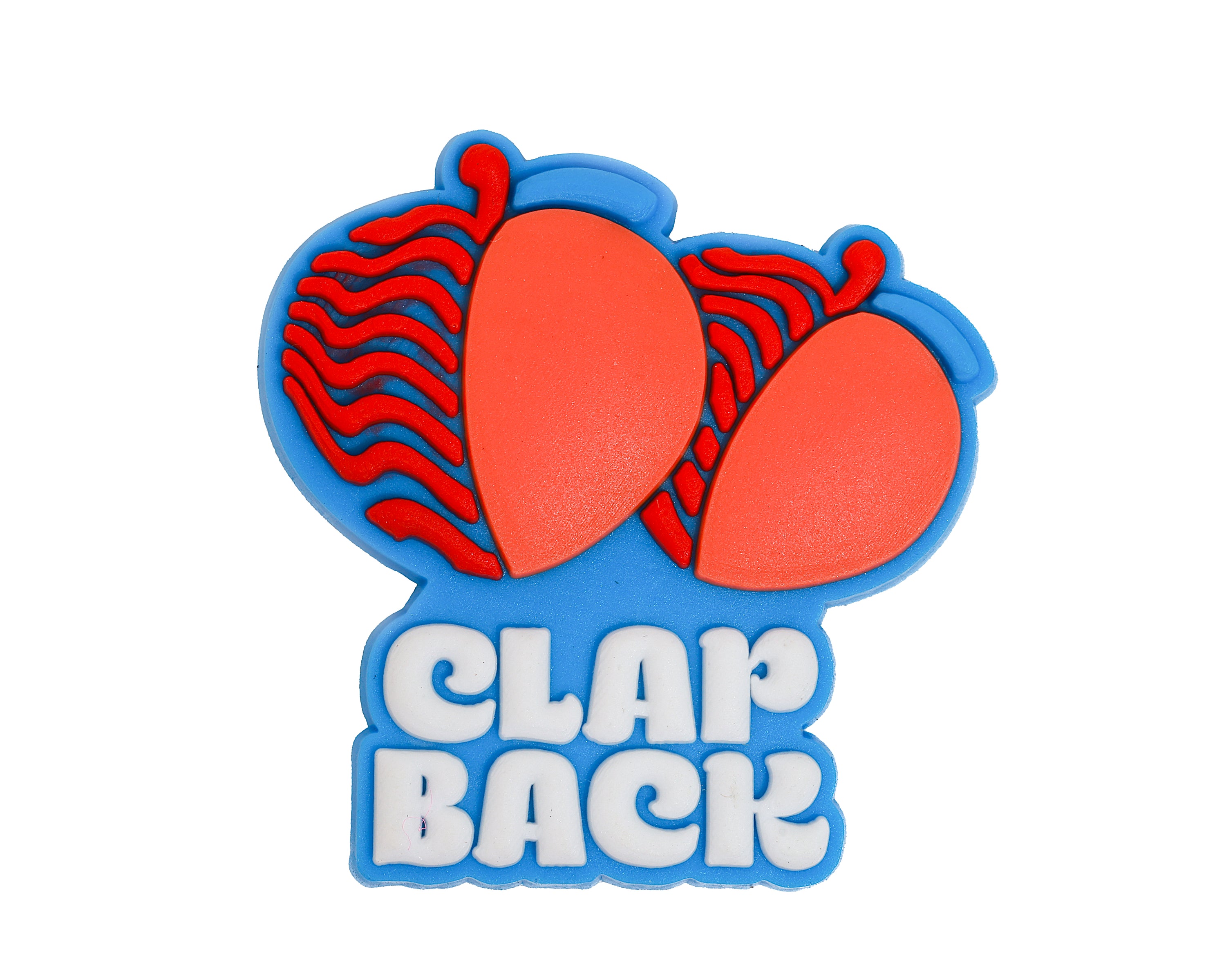 Decorative item with red hearts and 'CLAP BACK' text on a white background