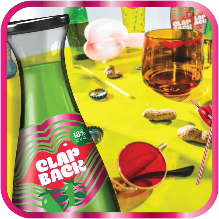 Green Apple 'Clap Back' drink container with a table scene featuring drinks and snacks.
