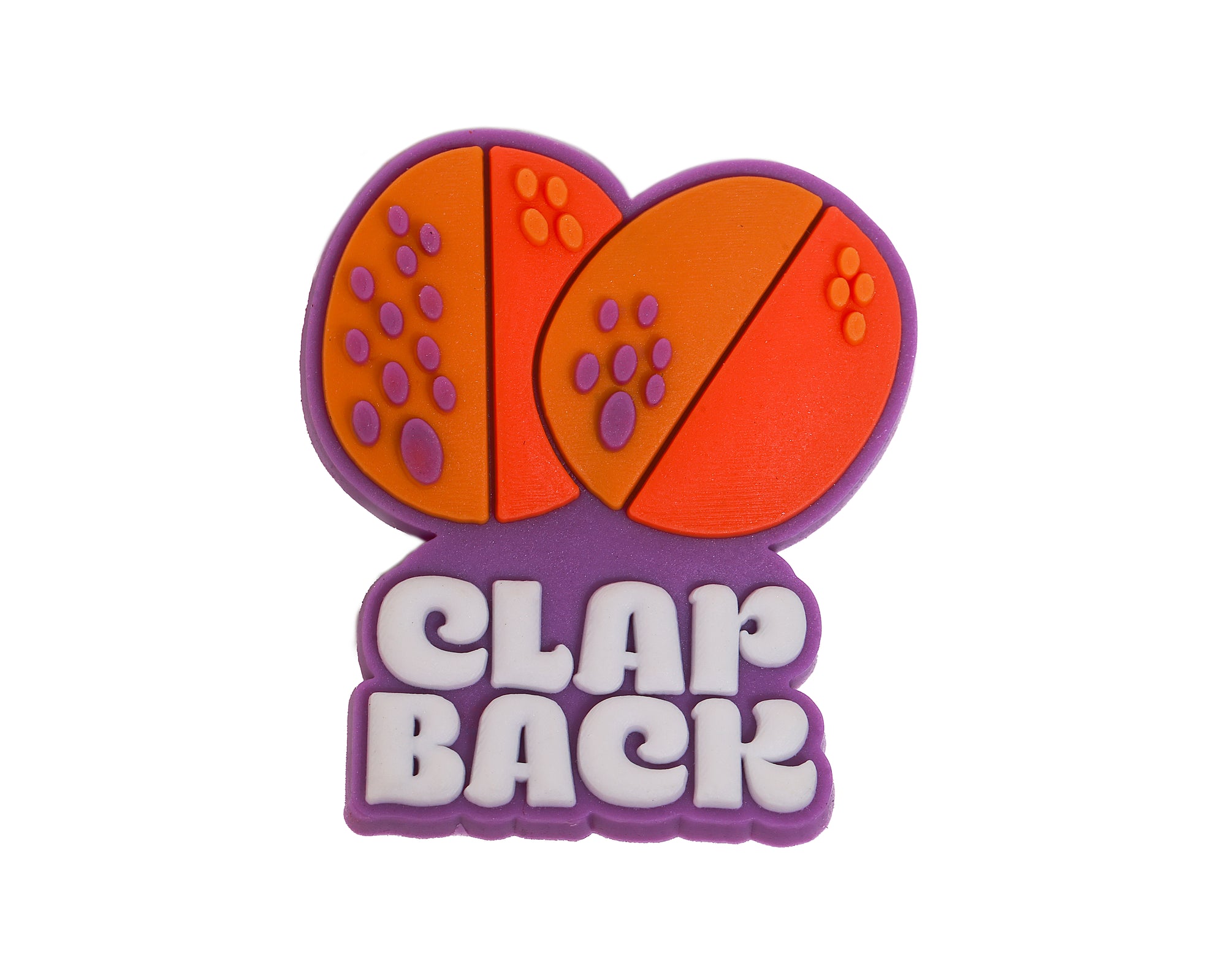 Colorful object with 'CLAP BACK' text on a white background